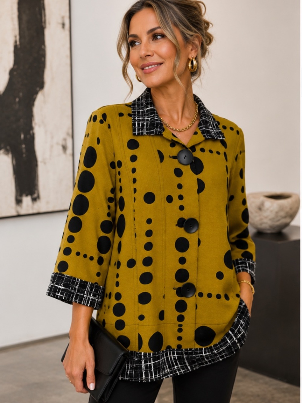 Ali Miles Mustard Green Polka Dot Button Front Shirt Jacket